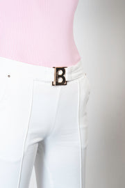  Pantalone Stretch Straight Fit Con Fibbia Logo Blugirl Donna Bianco